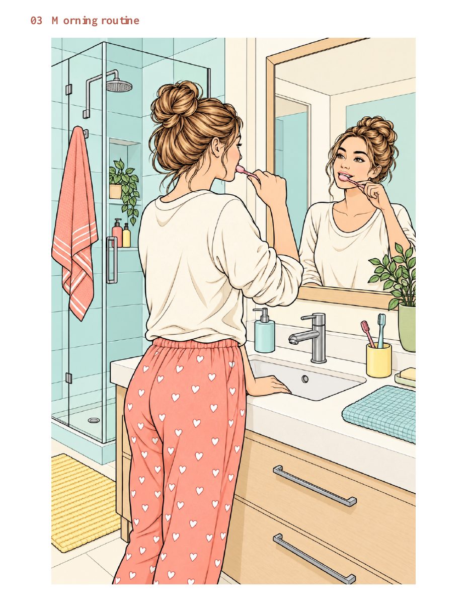 MorrowHue coloring page showing a peaceful morning routine